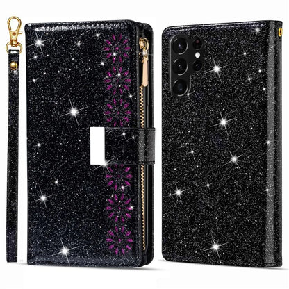 For Samsung Galaxy S24 Ultra Leather Case Zipper Wallet Glittery Phone Cover