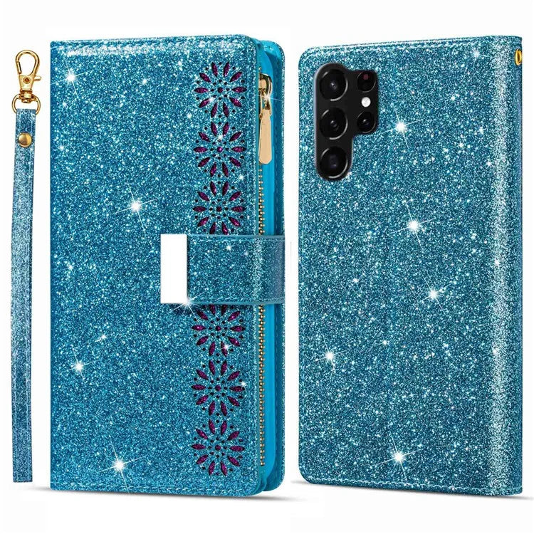 For Samsung Galaxy S24 Ultra Leather Case Zipper Wallet Glittery Phone Cover