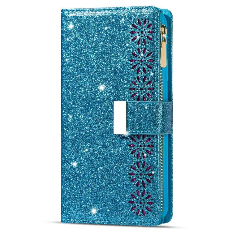 For Samsung Galaxy S24 Ultra Leather Case Zipper Wallet Glittery Phone Cover