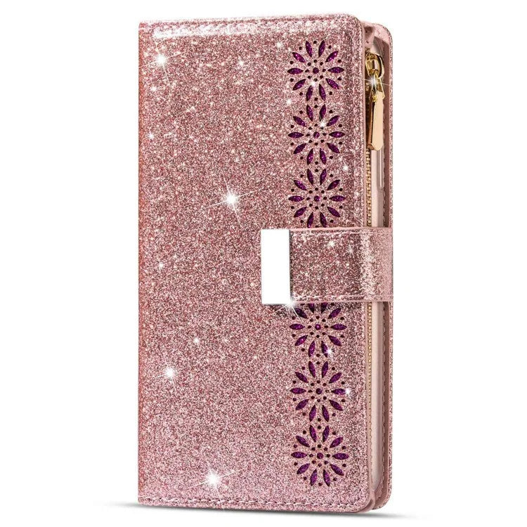 For Samsung Galaxy S24 Ultra Leather Case Zipper Wallet Glittery Phone Cover