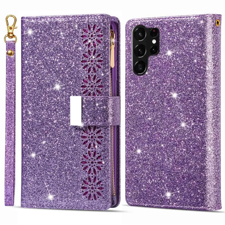For Samsung Galaxy S24 Ultra Leather Case Zipper Wallet Glittery Phone Cover