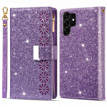 For Samsung Galaxy S24 Ultra Leather Case Zipper Wallet Glittery Phone Cover