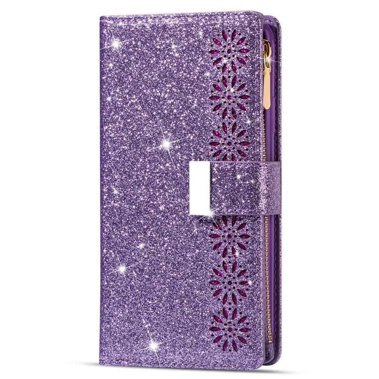 For Samsung Galaxy S24 Ultra Leather Case Zipper Wallet Glittery Phone Cover