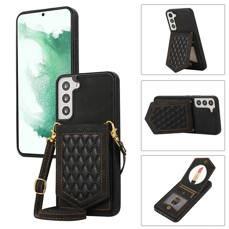 For Samsung Galaxy S24+ Phone Case RFID Blocking Hidden Mirror Cover with Shoulder Strap