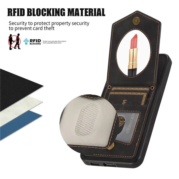 For Samsung Galaxy S24+ Phone Case RFID Blocking Hidden Mirror Cover with Shoulder Strap