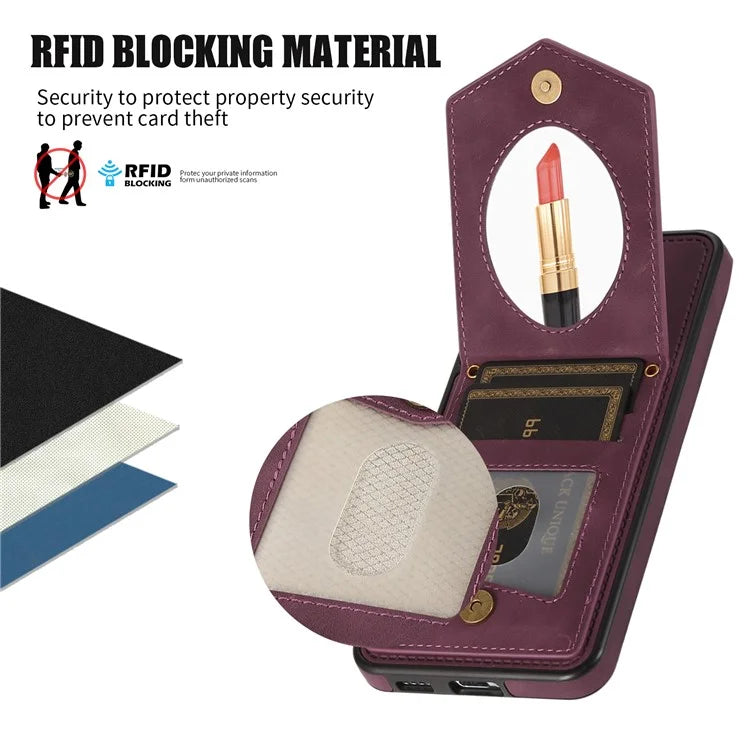 For Samsung Galaxy S24+ Phone Case RFID Blocking Hidden Mirror Cover with Shoulder Strap