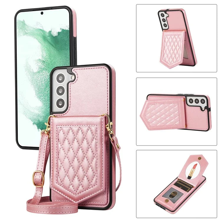 For Samsung Galaxy S24+ Phone Case RFID Blocking Hidden Mirror Cover with Shoulder Strap