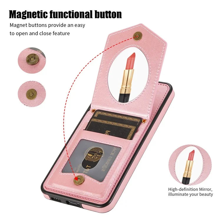 For Samsung Galaxy S24+ Phone Case RFID Blocking Hidden Mirror Cover with Shoulder Strap