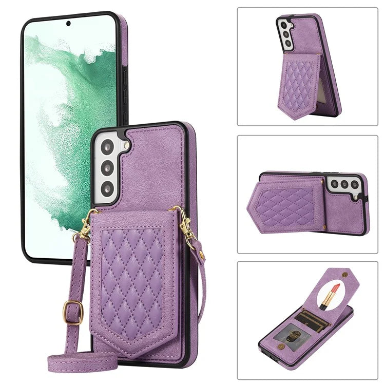 For Samsung Galaxy S24+ Phone Case RFID Blocking Hidden Mirror Cover with Shoulder Strap