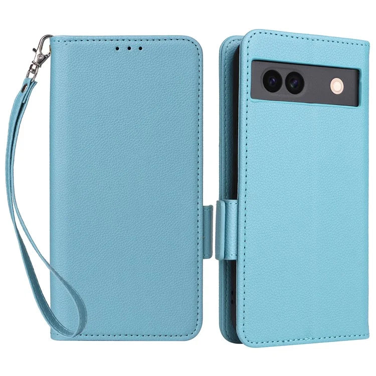 For Google Pixel 8a Case Shockproof Wallet Phone Case Litchi Texture PU Leather Flip Cover with Strap
