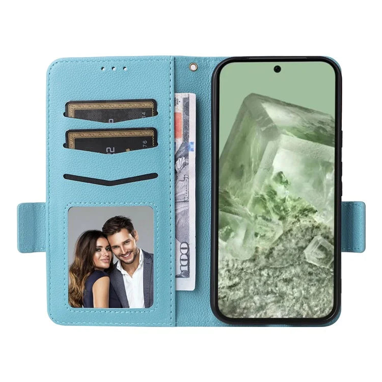 For Google Pixel 8a Case Shockproof Wallet Phone Case Litchi Texture PU Leather Flip Cover with Strap
