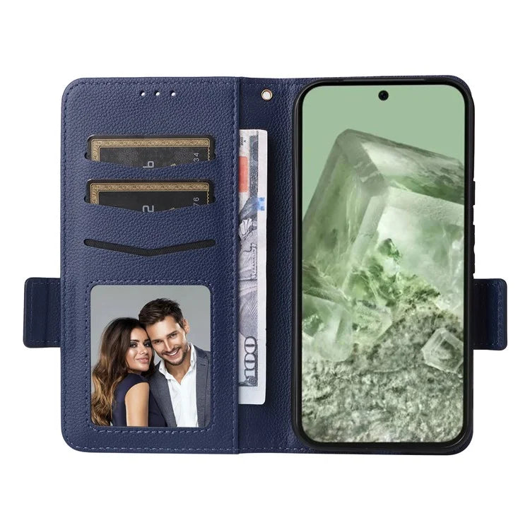 For Google Pixel 8a Case Shockproof Wallet Phone Case Litchi Texture PU Leather Flip Cover with Strap