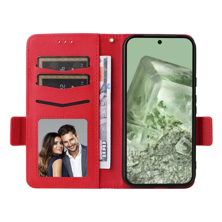 For Google Pixel 8a Case Shockproof Wallet Phone Case Litchi Texture PU Leather Flip Cover with Strap