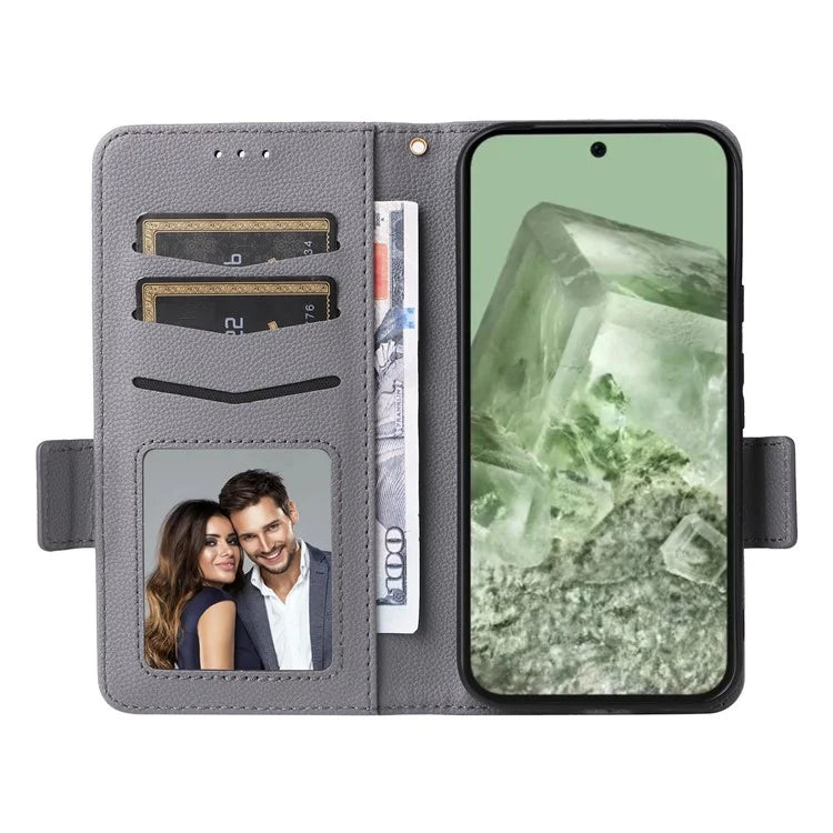 For Google Pixel 8a Case Shockproof Wallet Phone Case Litchi Texture PU Leather Flip Cover with Strap