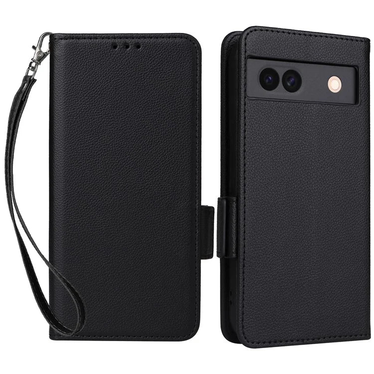 For Google Pixel 8a Case Shockproof Wallet Phone Case Litchi Texture PU Leather Flip Cover with Strap