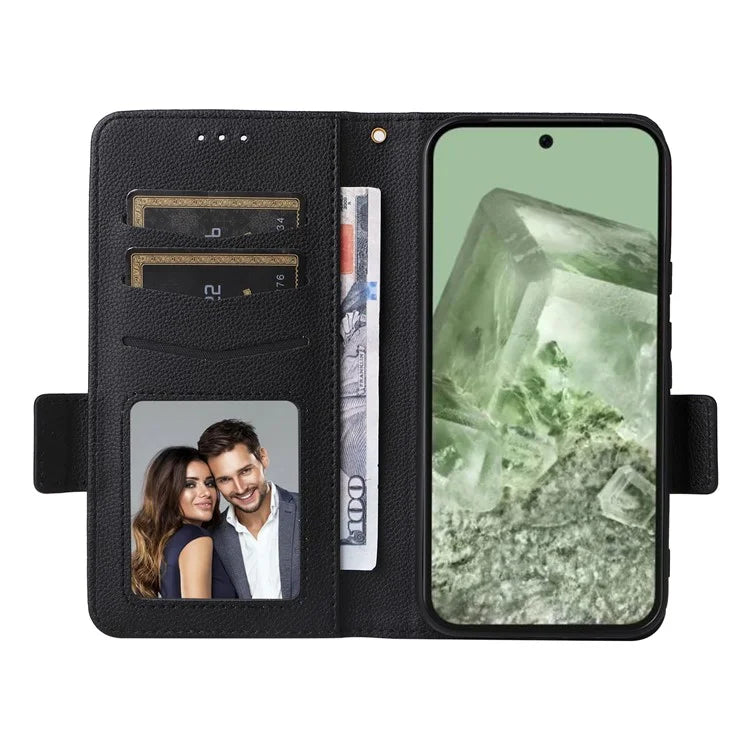 For Google Pixel 8a Case Shockproof Wallet Phone Case Litchi Texture PU Leather Flip Cover with Strap