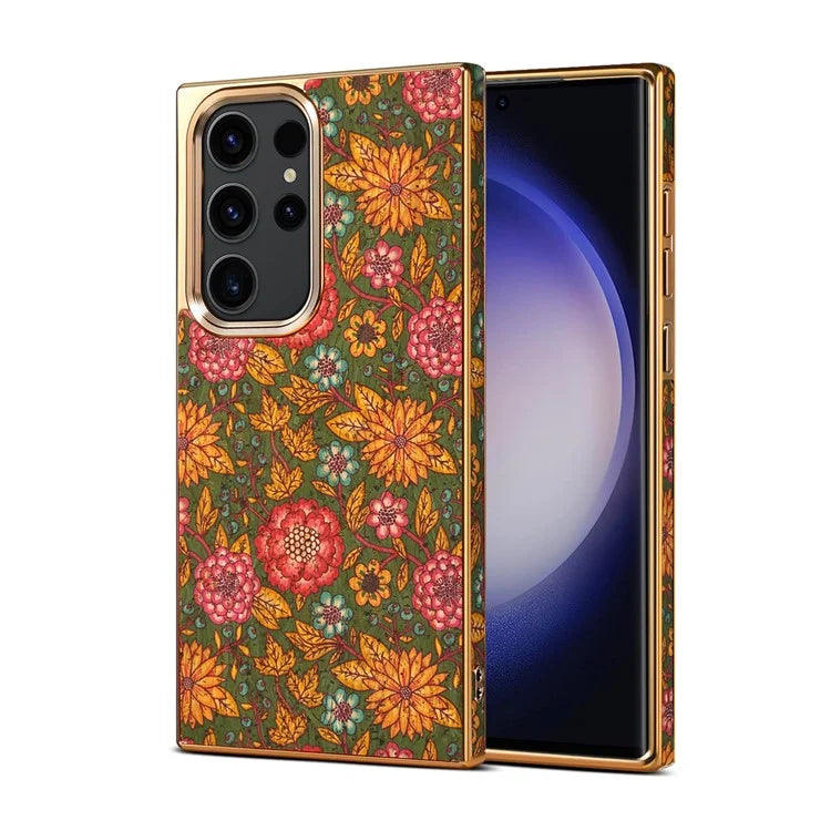 For Samsung Galaxy S23 Ultra Slim Case Flower Patterned PU+TPU+PC Electroplating Phone Shell