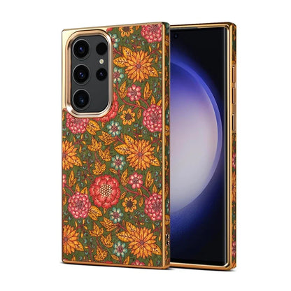 For Samsung Galaxy S23 Ultra Slim Case Flower Patterned PU+TPU+PC Electroplating Phone Shell