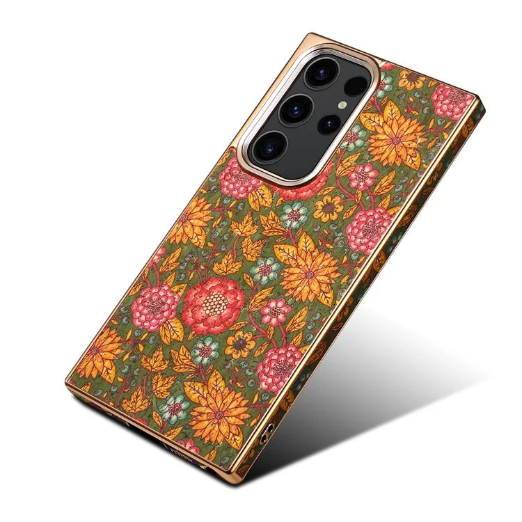For Samsung Galaxy S23 Ultra Slim Case Flower Patterned PU+TPU+PC Electroplating Phone Shell