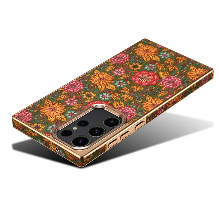 For Samsung Galaxy S23 Ultra Slim Case Flower Patterned PU+TPU+PC Electroplating Phone Shell