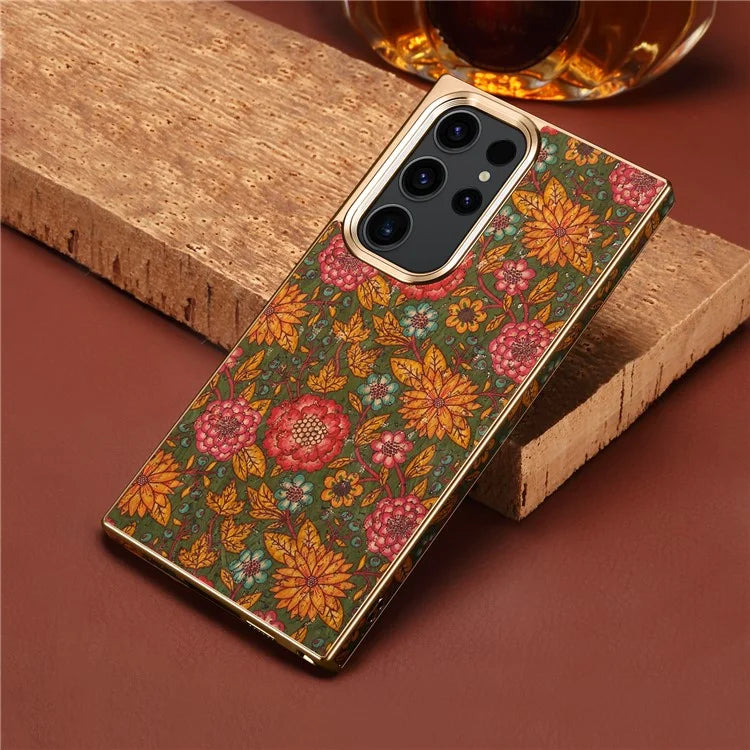 For Samsung Galaxy S23 Ultra Slim Case Flower Patterned PU+TPU+PC Electroplating Phone Shell