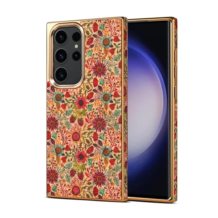 For Samsung Galaxy S23 Ultra Slim Case Flower Patterned PU+TPU+PC Electroplating Phone Shell