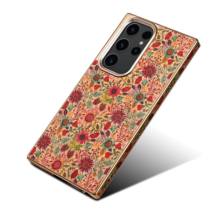 For Samsung Galaxy S23 Ultra Slim Case Flower Patterned PU+TPU+PC Electroplating Phone Shell