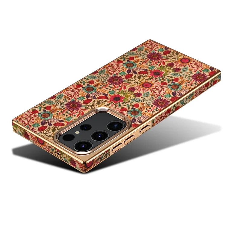 For Samsung Galaxy S23 Ultra Slim Case Flower Patterned PU+TPU+PC Electroplating Phone Shell