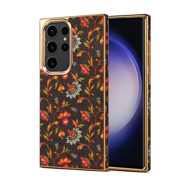 For Samsung Galaxy S23 Ultra Slim Case Flower Patterned PU+TPU+PC Electroplating Phone Shell