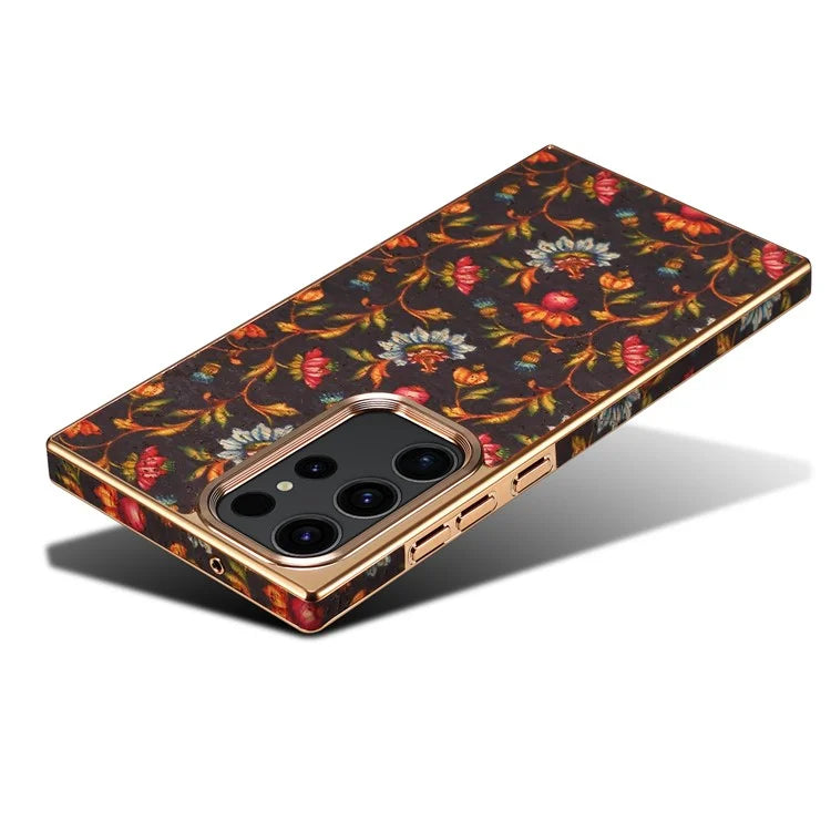 For Samsung Galaxy S23 Ultra Slim Case Flower Patterned PU+TPU+PC Electroplating Phone Shell