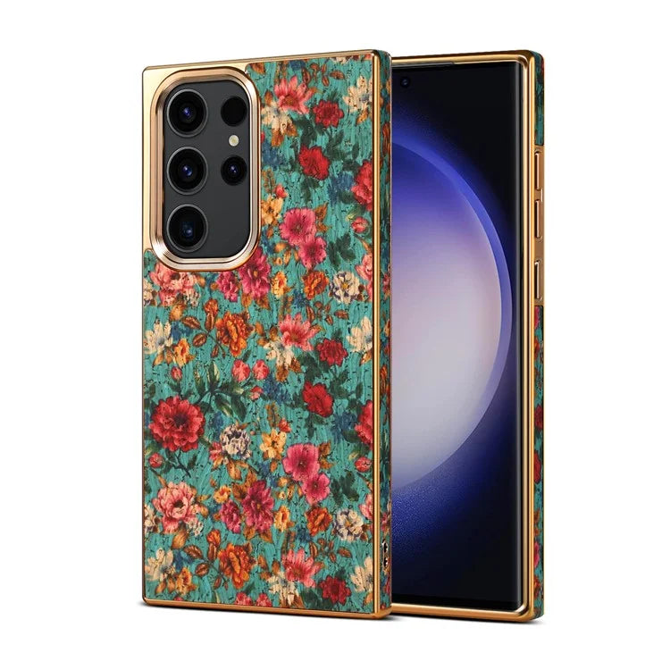 For Samsung Galaxy S23 Ultra Slim Case Flower Patterned PU+TPU+PC Electroplating Phone Shell