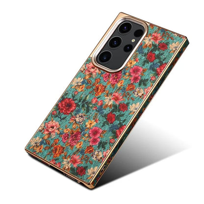 For Samsung Galaxy S23 Ultra Slim Case Flower Patterned PU+TPU+PC Electroplating Phone Shell