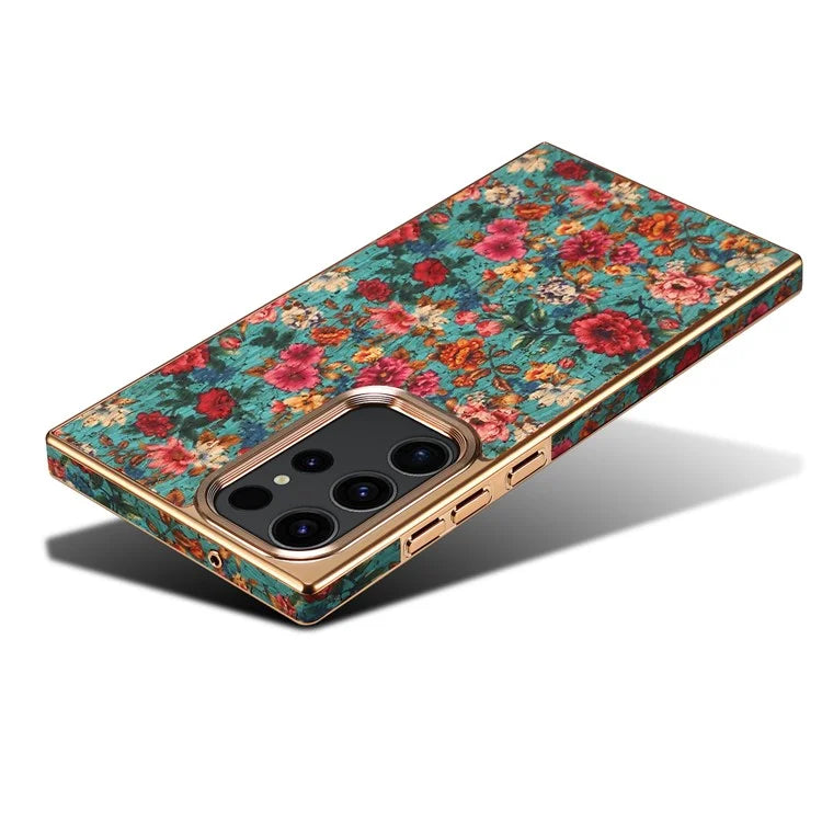 For Samsung Galaxy S23 Ultra Slim Case Flower Patterned PU+TPU+PC Electroplating Phone Shell