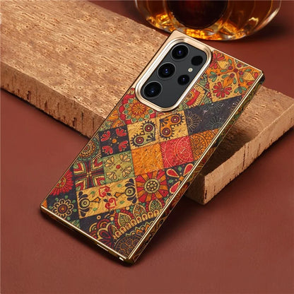 For Samsung Galaxy S23 Ultra Slim Case Flower Patterned PU+TPU+PC Electroplating Phone Shell