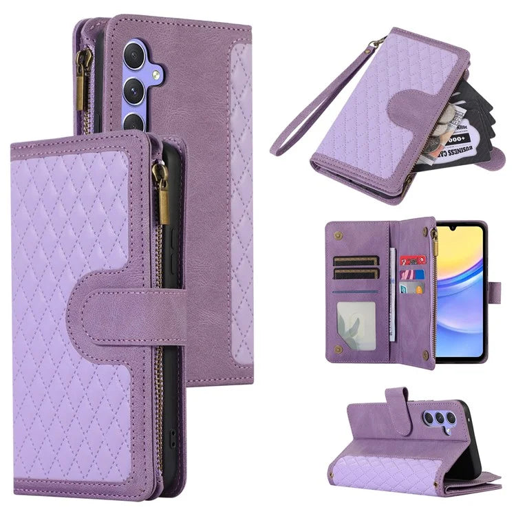 For Samsung Galaxy A15 5G Case PU Leather Rhombus Grid Imprinted Phone Cover with 9 Card Slots