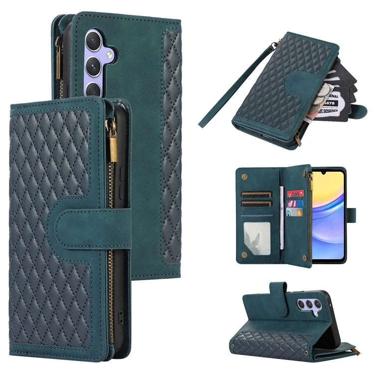 For Samsung Galaxy A15 5G Case PU Leather Rhombus Grid Imprinted Phone Cover with 9 Card Slots