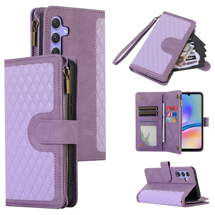 For Samsung Galaxy A05s 4G Case Zipper Leather Rhombus Grid Imprinted Phone Protector