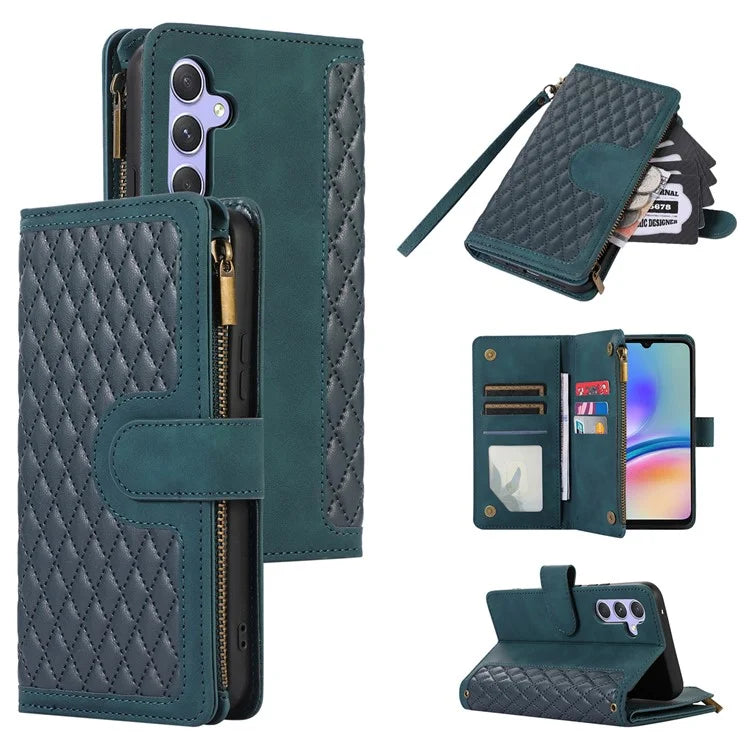 For Samsung Galaxy A05s 4G Case Zipper Leather Rhombus Grid Imprinted Phone Protector