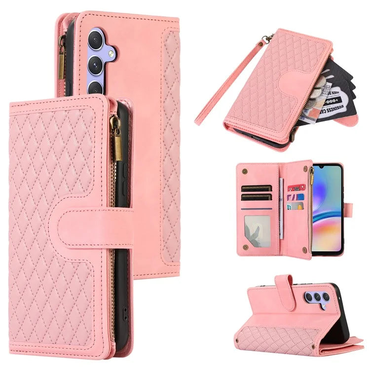 For Samsung Galaxy A05s 4G Case Zipper Leather Rhombus Grid Imprinted Phone Protector