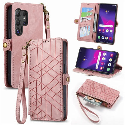 For Samsung Galaxy S24 Ultra Case Geometry Imprinted Wallet Leather Cover