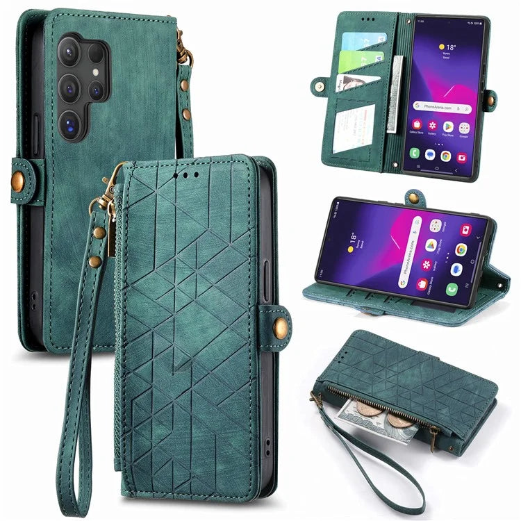For Samsung Galaxy S24 Ultra Case Geometry Imprinted Wallet Leather Cover