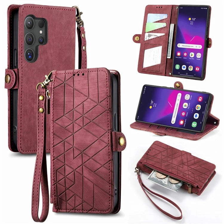 For Samsung Galaxy S24 Ultra Case Geometry Imprinted Wallet Leather Cover