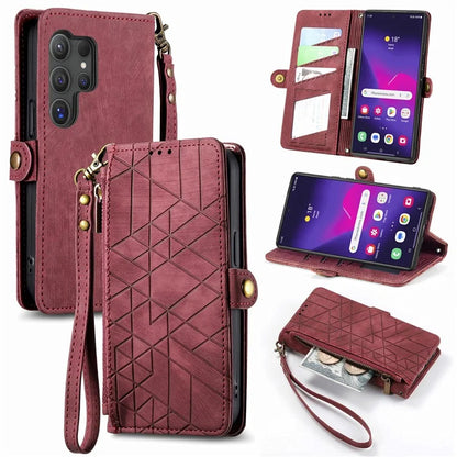 For Samsung Galaxy S24 Ultra Case Geometry Imprinted Wallet Leather Cover