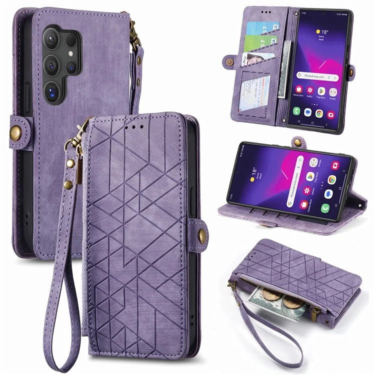 For Samsung Galaxy S24 Ultra Case Geometry Imprinted Wallet Leather Cover