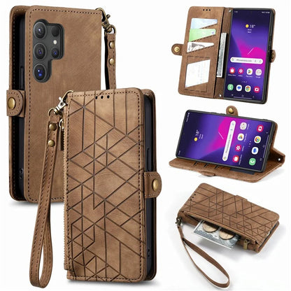 For Samsung Galaxy S24 Ultra Case Geometry Imprinted Wallet Leather Cover