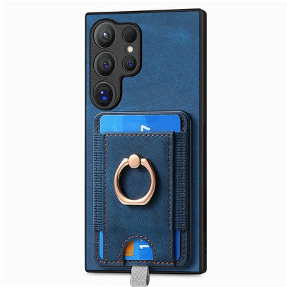 D7 For Samsung Galaxy S24 Ultra Case Ring Kickstand Phone Cover with Detachable Card Bag