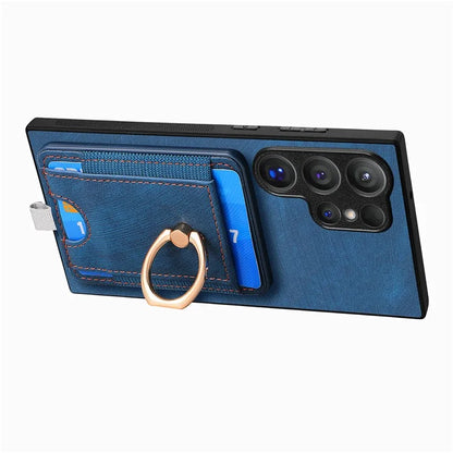 D7 For Samsung Galaxy S24 Ultra Case Ring Kickstand Phone Cover with Detachable Card Bag