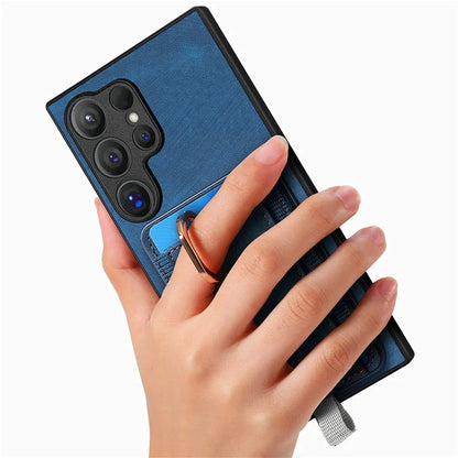 D7 For Samsung Galaxy S24 Ultra Case Ring Kickstand Phone Cover with Detachable Card Bag