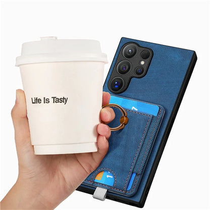 D7 For Samsung Galaxy S24 Ultra Case Ring Kickstand Phone Cover with Detachable Card Bag