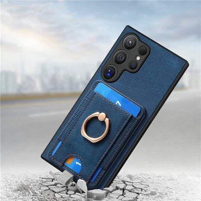 D7 For Samsung Galaxy S24 Ultra Case Ring Kickstand Phone Cover with Detachable Card Bag